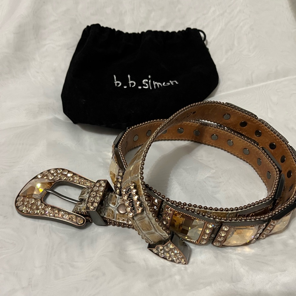 B.B. Simon Brown and Cream Rhinestone Belt
